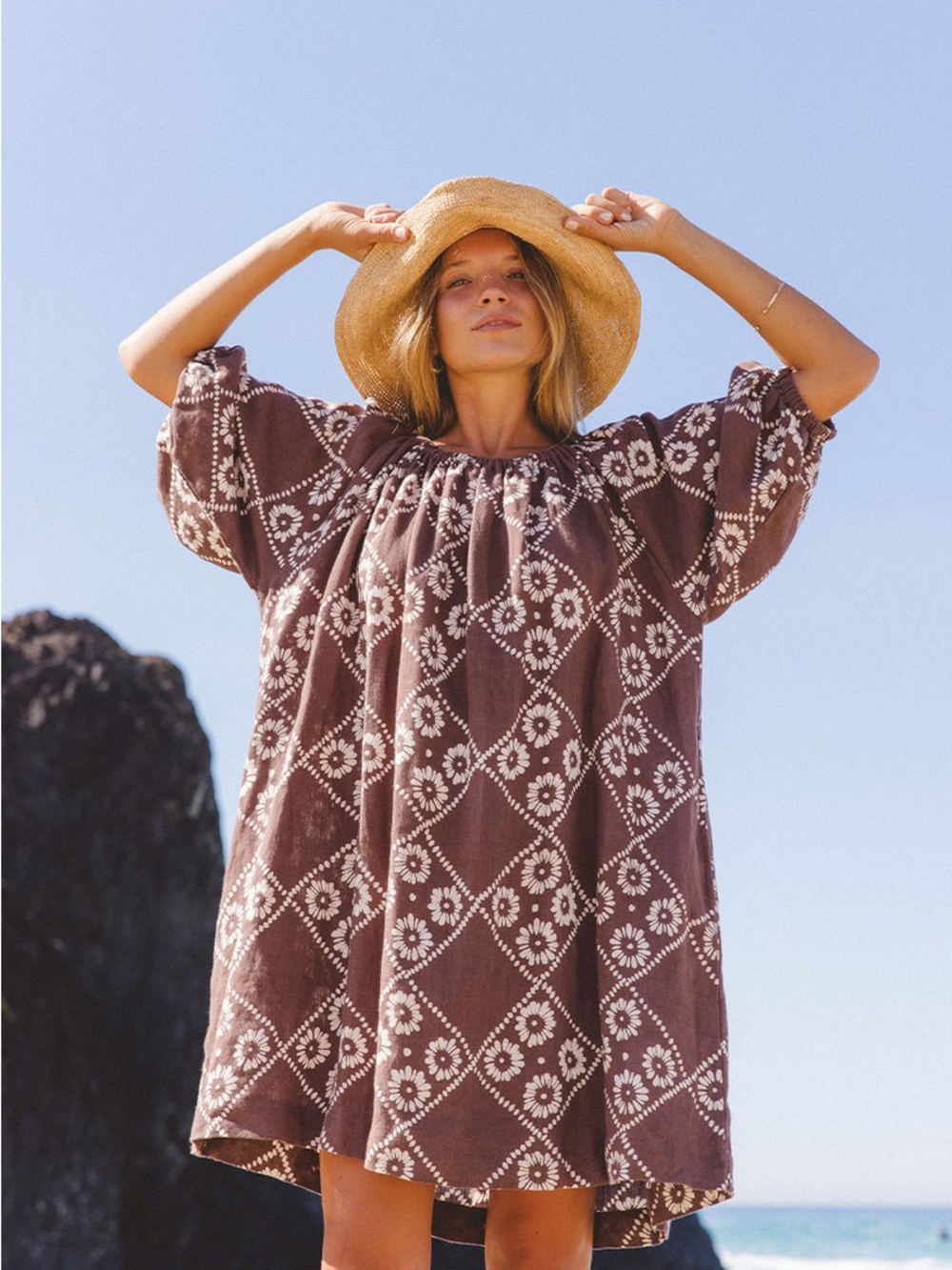 Daughters of India NWT Dahlia Mini Dress in Maple 100% Linen Brown Floral 2X